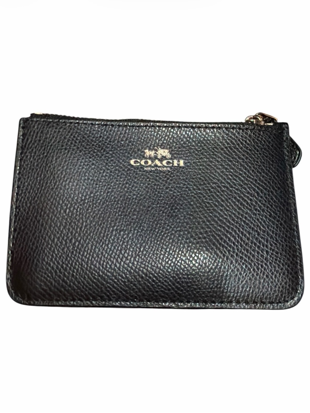 Coach Black Pebbled Leather Zip Card Pouch with Gold Logo